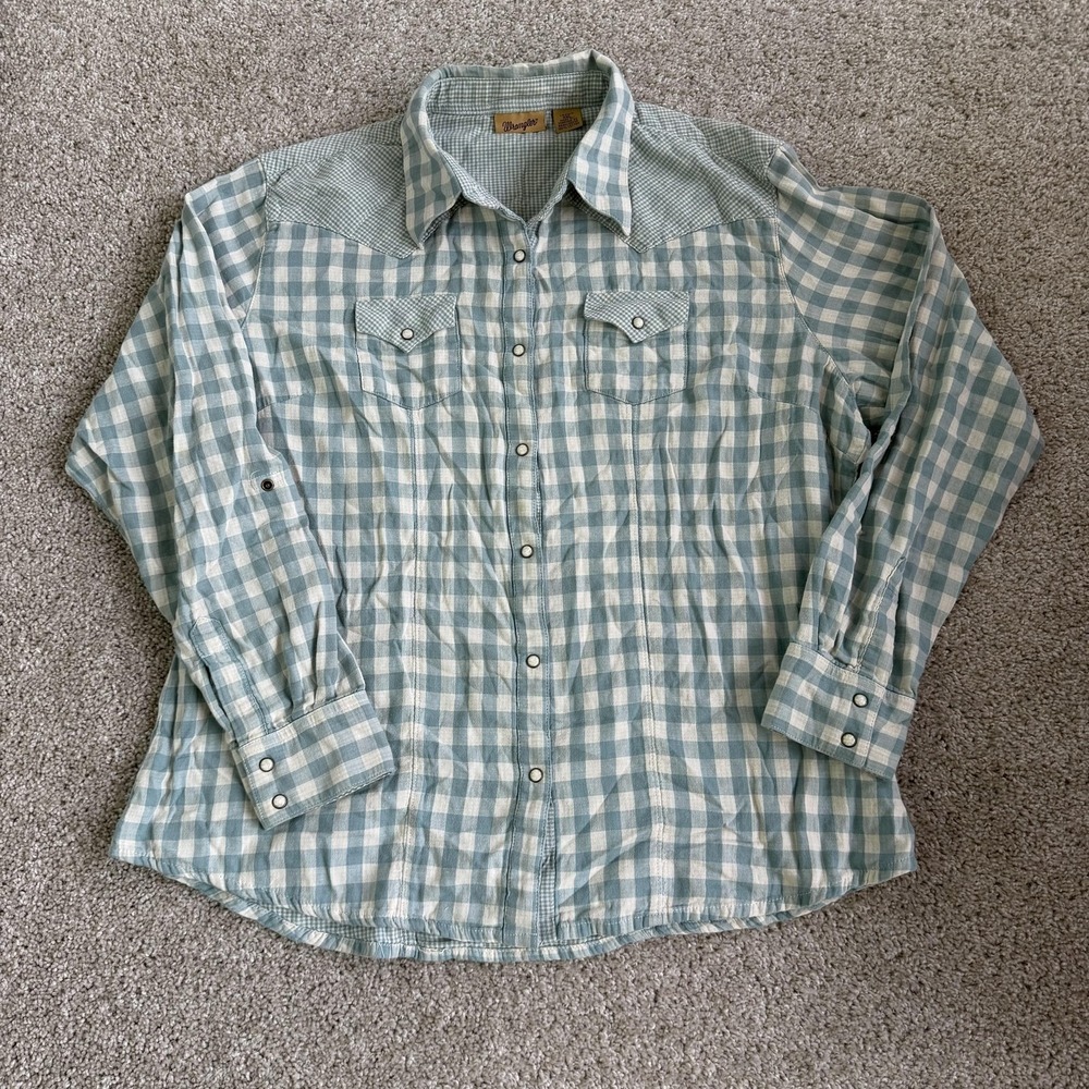 Wrangler Shirt Womens XXL Blue Check Snap Button Long Sleeve Western Top